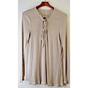 MITTOSHOP Ribbed Tie Front Henley Top Women's Sz L‎ Stretchy Casual Hippie Y2K